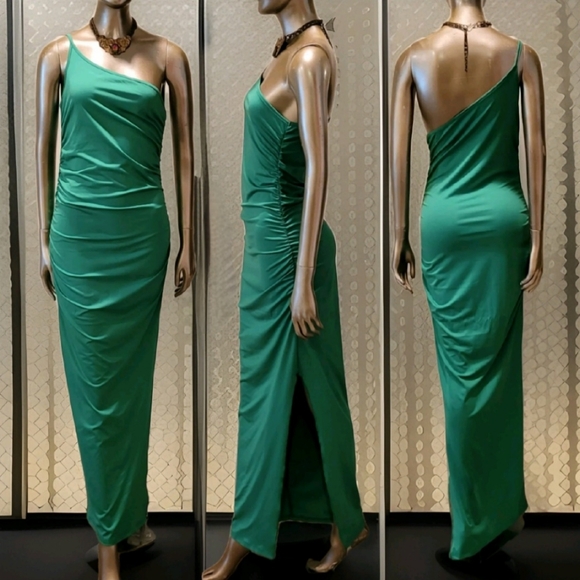 NWT Sexy Green One Shoulder Ruched Sides Split Thigh Maxi Dress Sz M - Picture 12 of 14